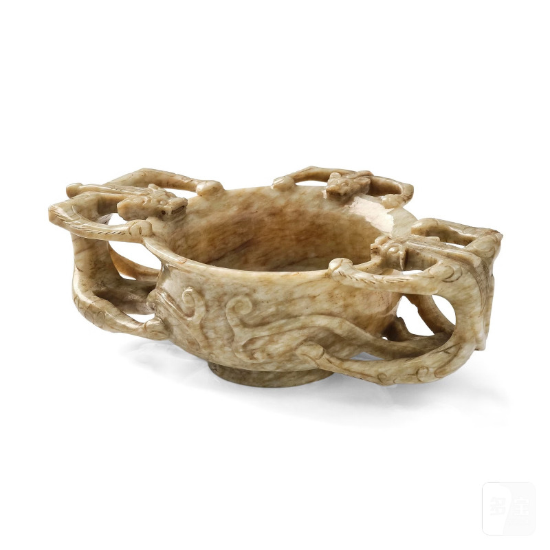A large 'chicken-bone' jade chilong cup, - 图1